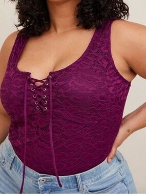 NWT Torrid Lace Corset Seamed Lace Up Bodysuit Purple Sleeveless Size 00 10
